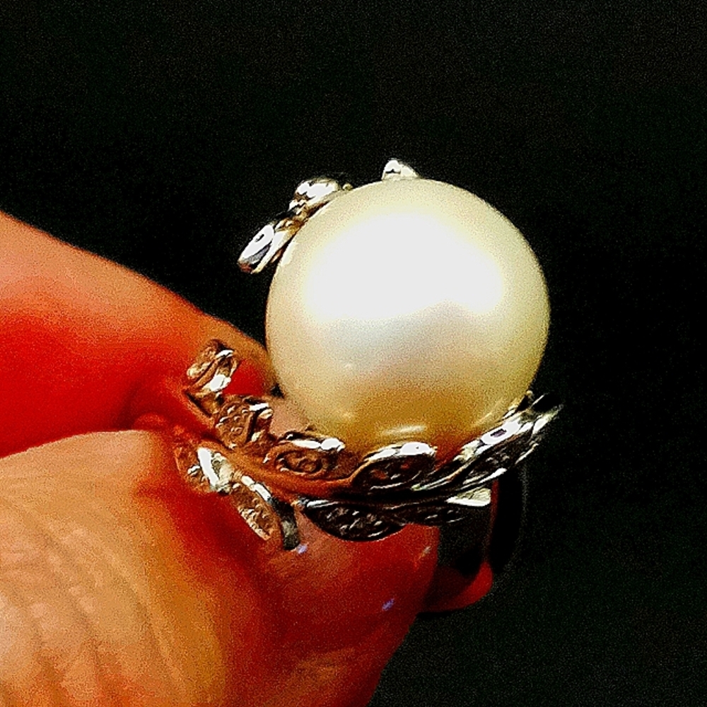 Rhodium over Sterling 12-13MM White Edison Pearl & White Zircon Ring - Picture 2 of 3